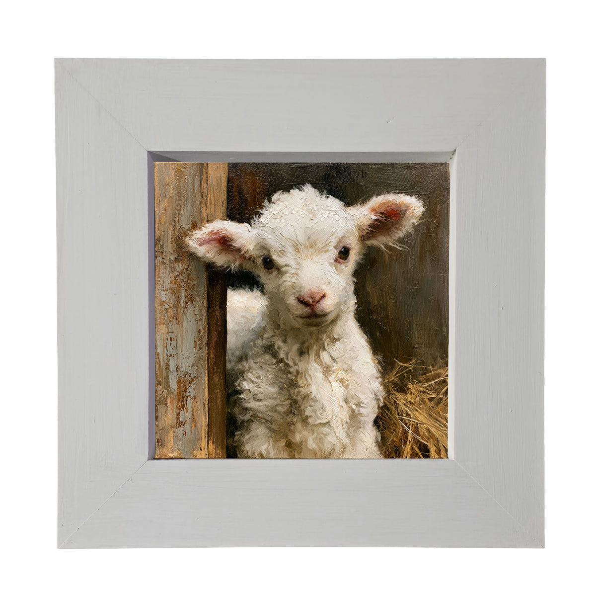 A fluffy white lamb stands amid straw and barn wood in a painterly, rustic scene. — product view 3