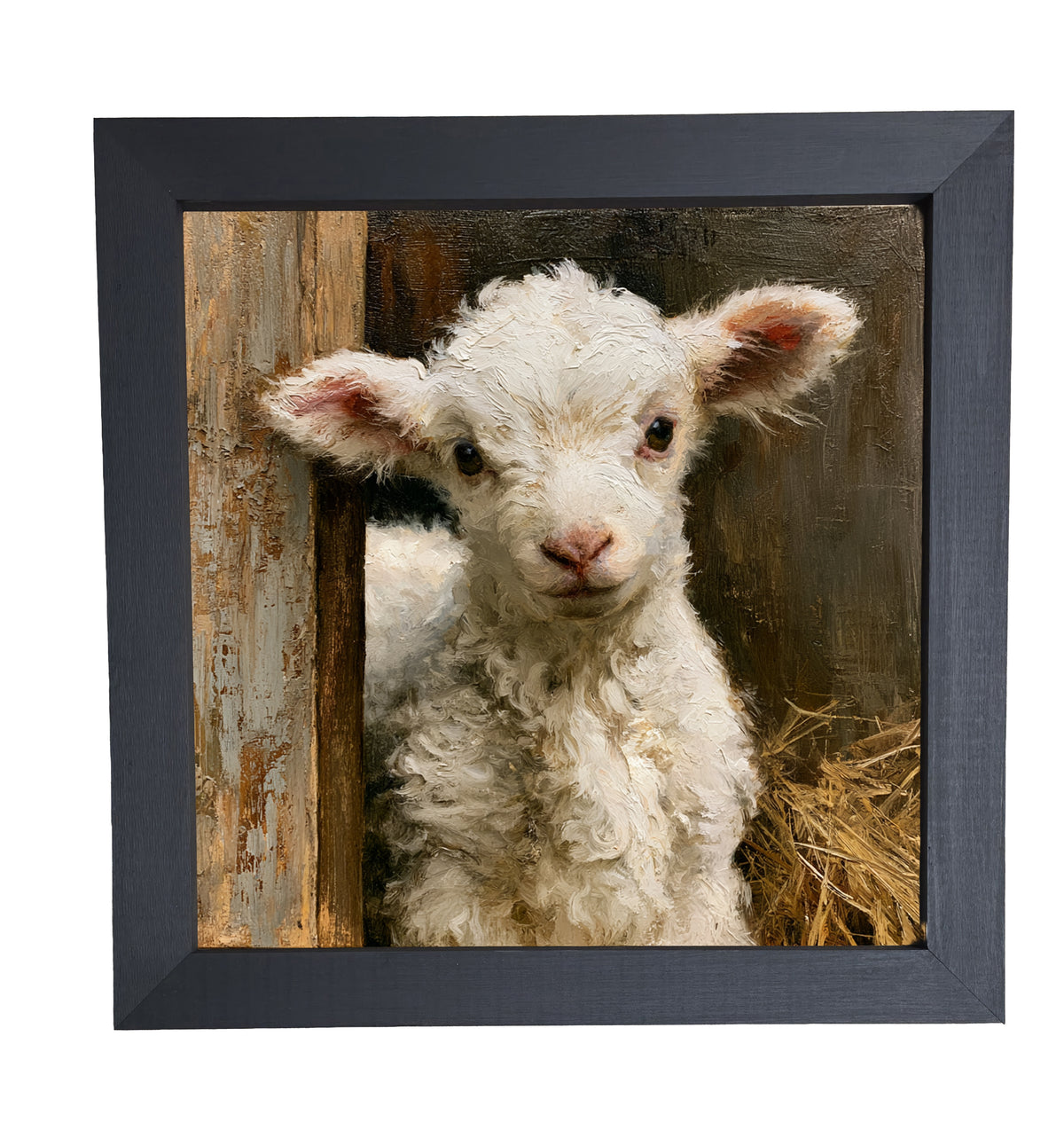 A fluffy white lamb stands amid straw and barn wood in a painterly, rustic scene. — product view 10
