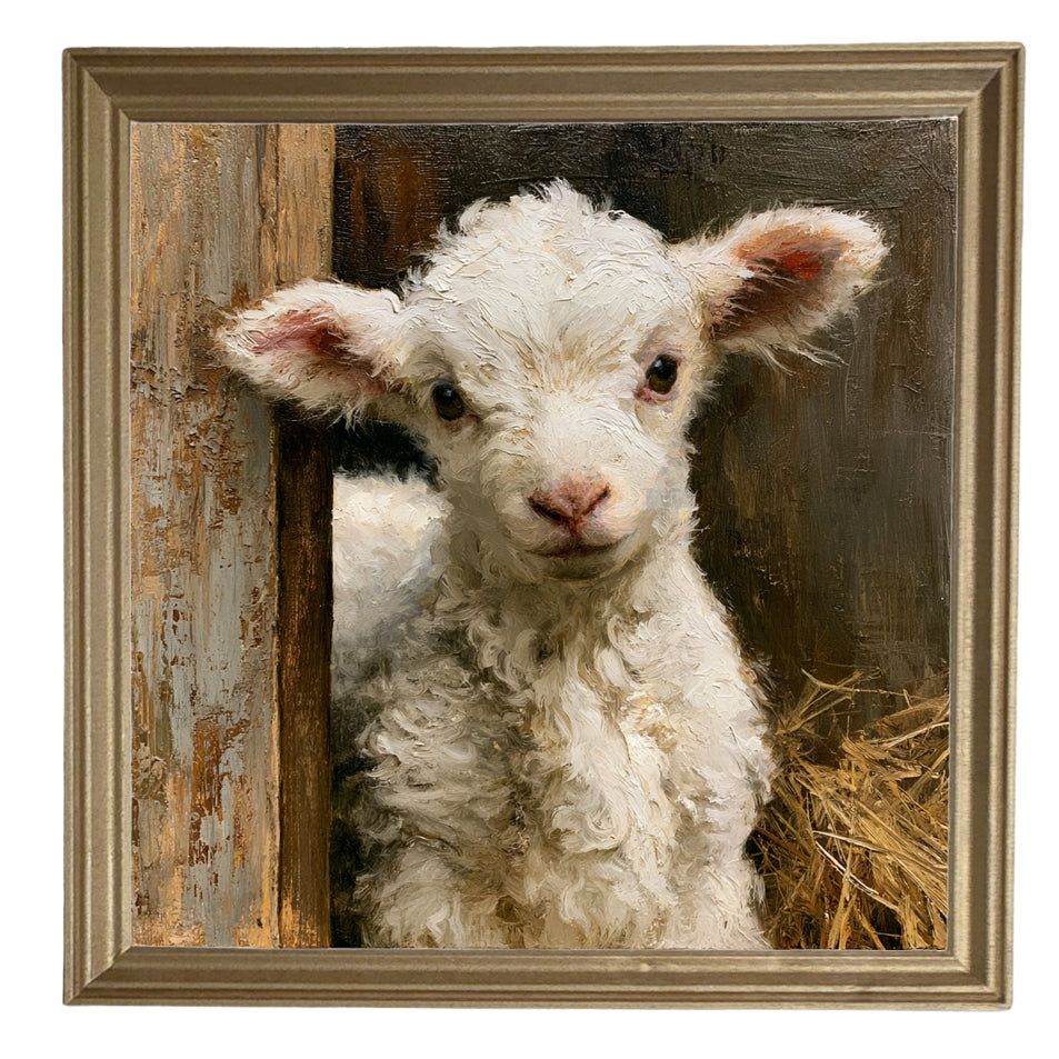A fluffy white lamb stands amid straw and barn wood in a painterly, rustic scene. — product view 8