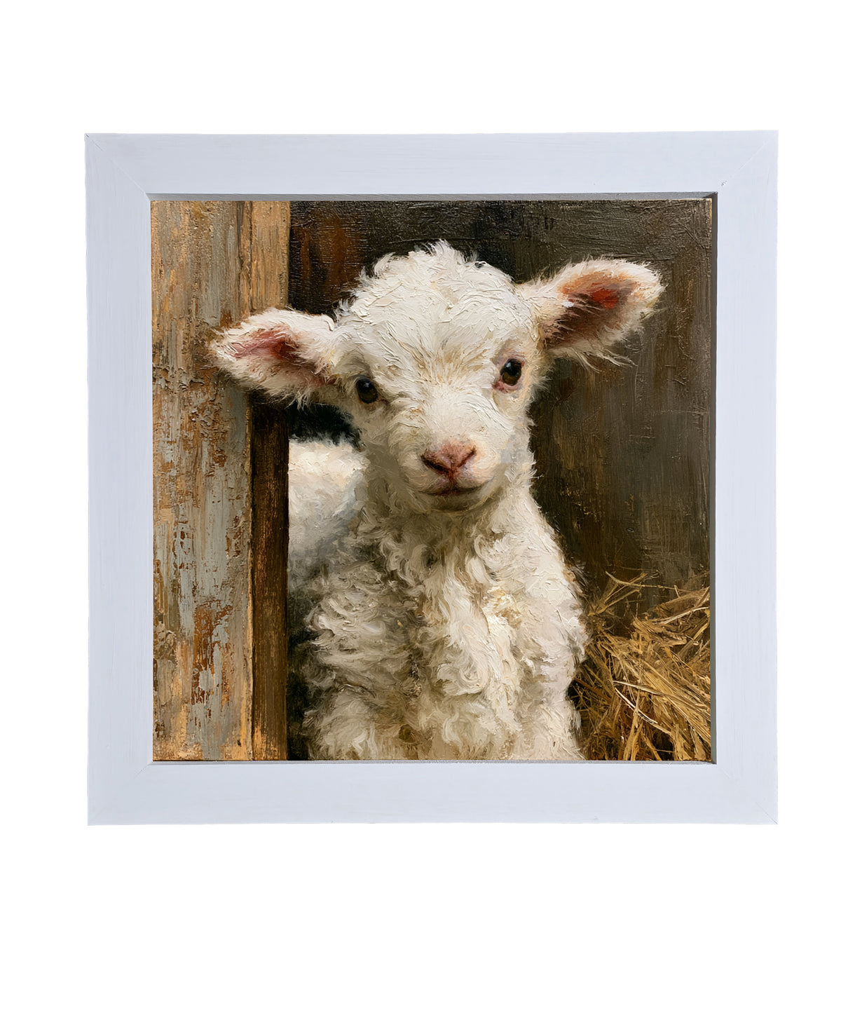 A fluffy white lamb stands amid straw and barn wood in a painterly, rustic scene. — product view 9