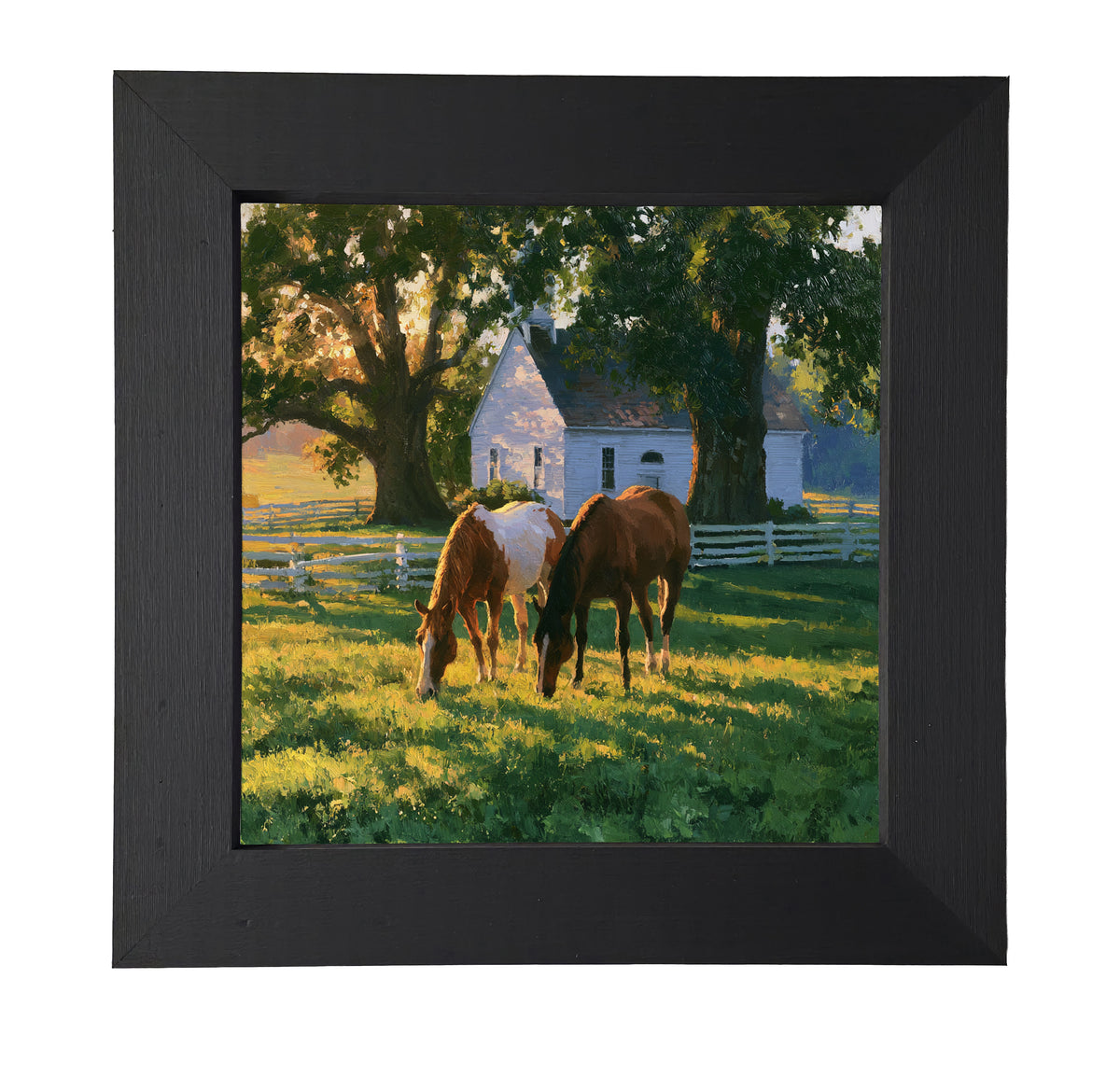 Two horses grazing in a sunlit green pasture near a white farmhouse and trees, painted in a rustic, realistic style. — product view 7