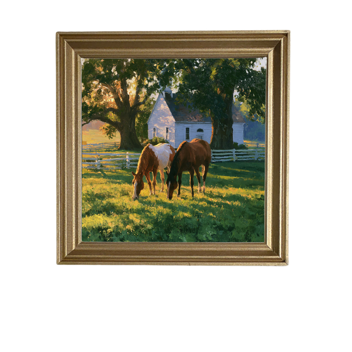 Two horses grazing in a sunlit green pasture near a white farmhouse and trees, painted in a rustic, realistic style. — product view 5