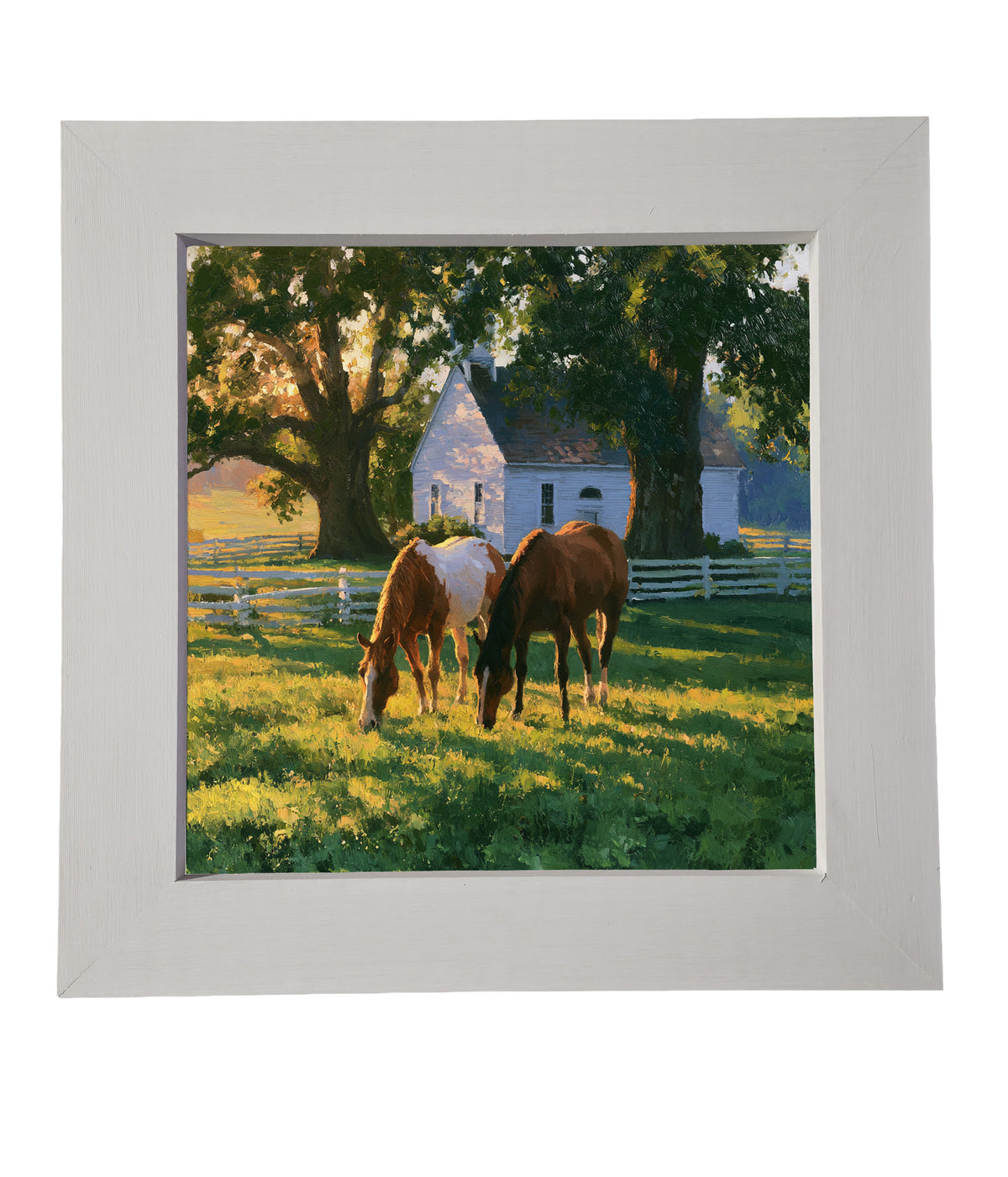 Two horses grazing in a sunlit green pasture near a white farmhouse and trees, painted in a rustic, realistic style. — product view 6