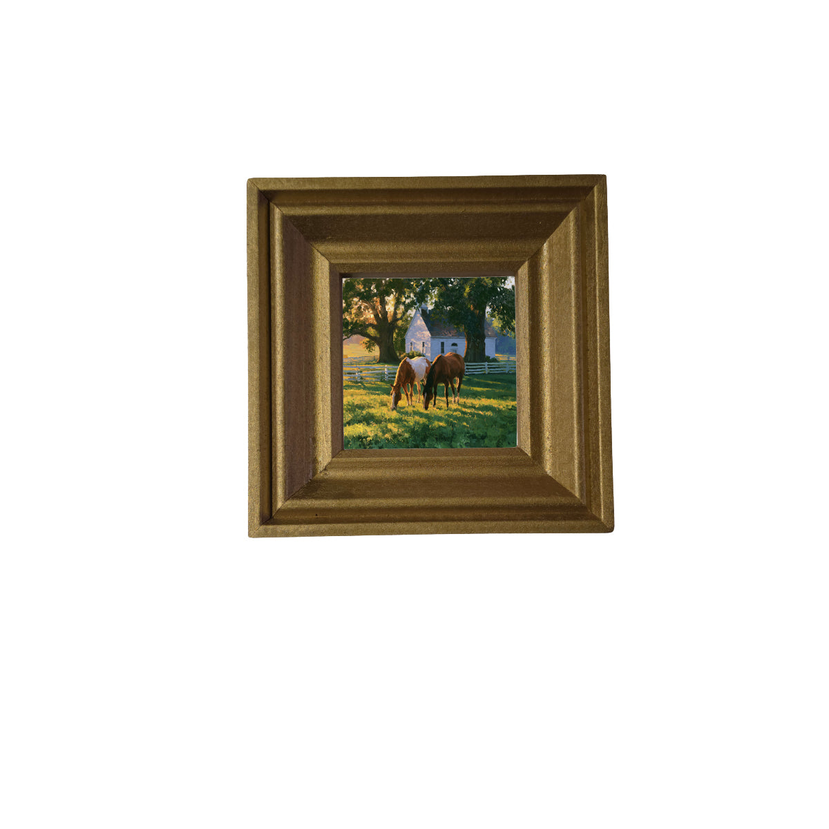 Two horses grazing in a sunlit green pasture near a white farmhouse and trees, painted in a rustic, realistic style.