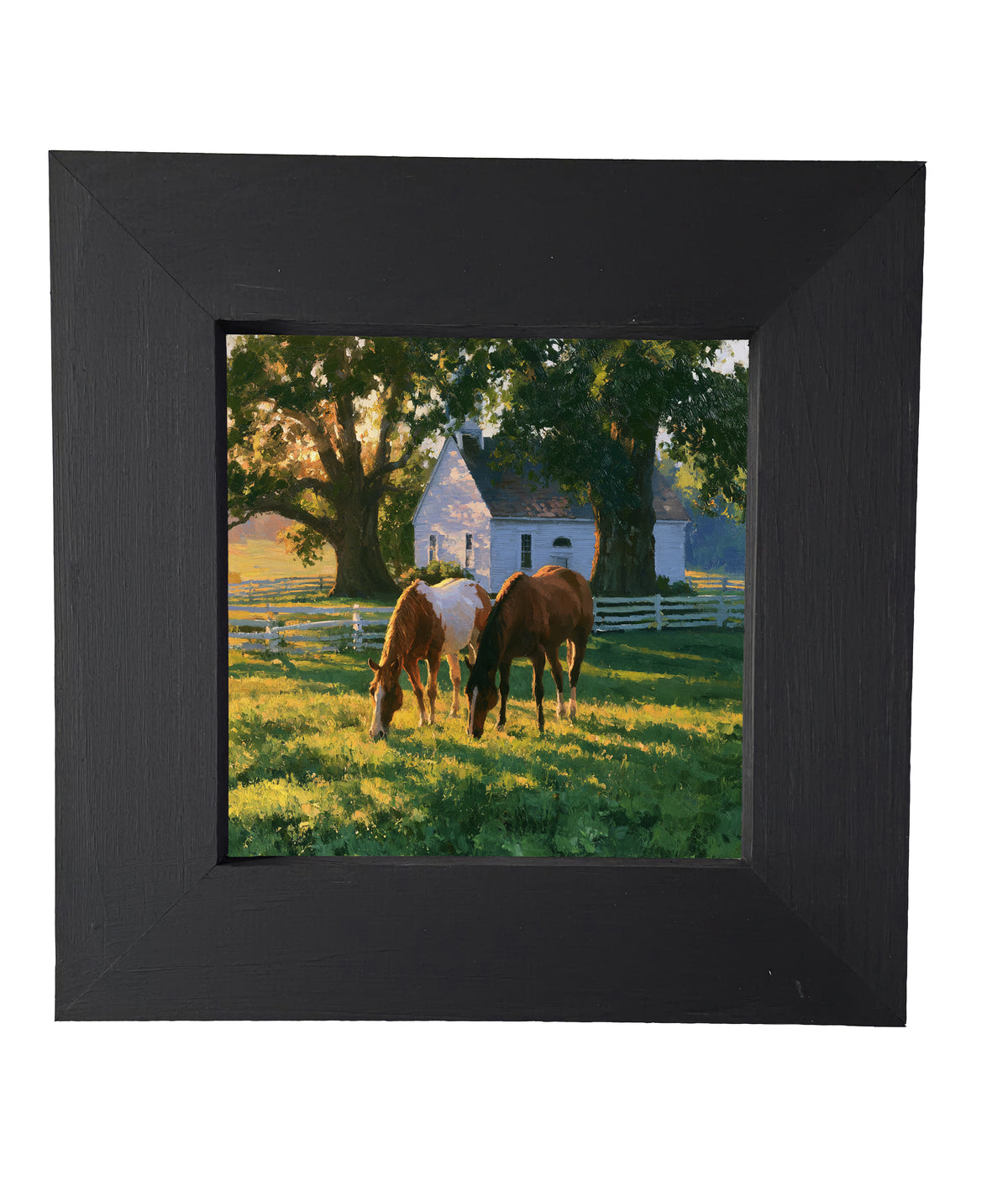 Two horses grazing in a sunlit green pasture near a white farmhouse and trees, painted in a rustic, realistic style. — product view 4