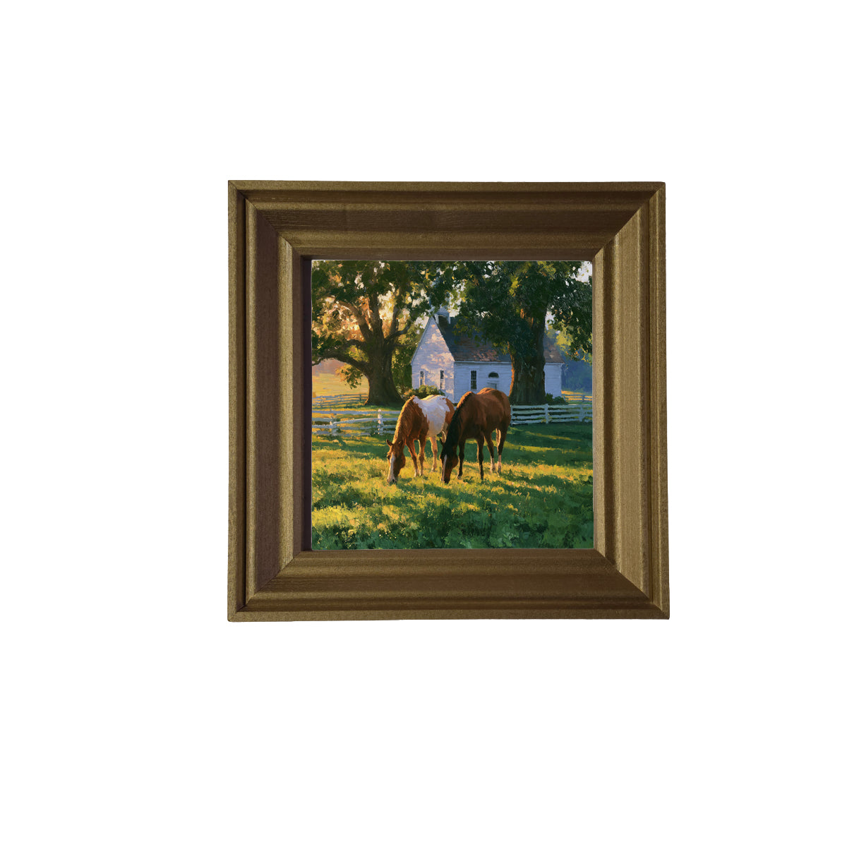 Two horses grazing in a sunlit green pasture near a white farmhouse and trees, painted in a rustic, realistic style. — product view 2