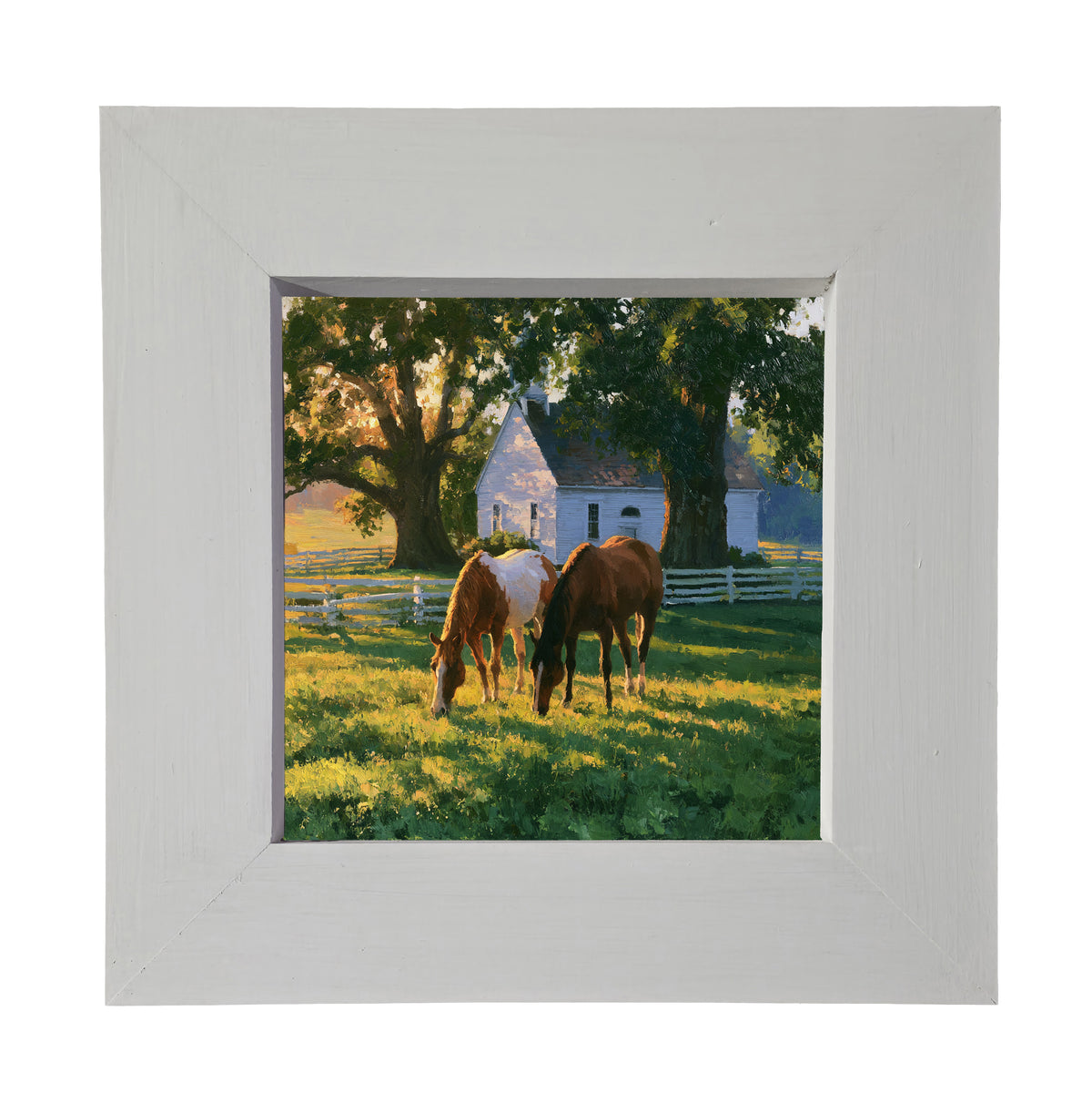 Two horses grazing in a sunlit green pasture near a white farmhouse and trees, painted in a rustic, realistic style. — product view 3