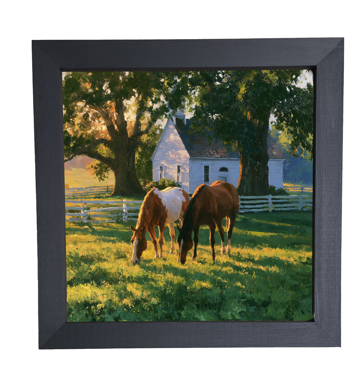 Two horses grazing in a sunlit green pasture near a white farmhouse and trees, painted in a rustic, realistic style. — product view 10