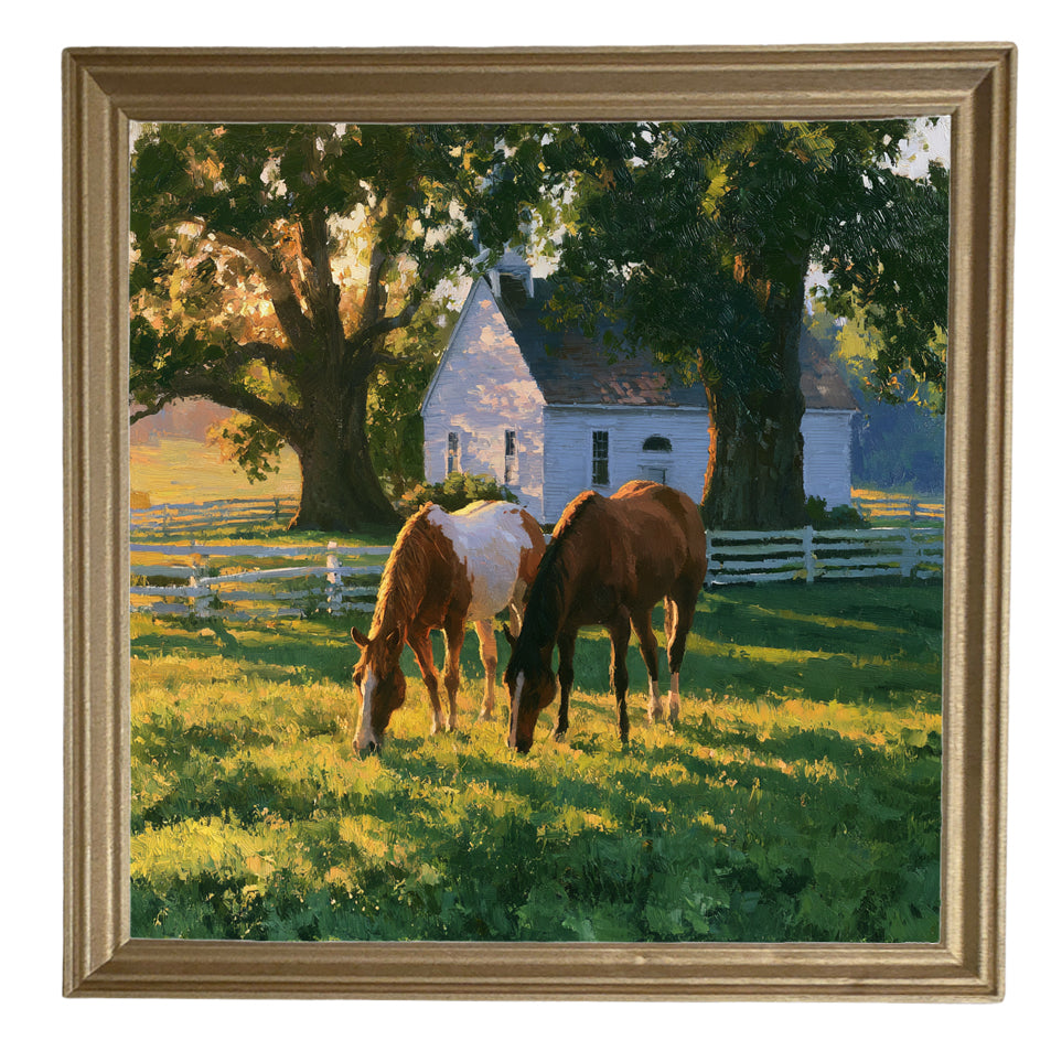 Two horses grazing in a sunlit green pasture near a white farmhouse and trees, painted in a rustic, realistic style. — product view 8
