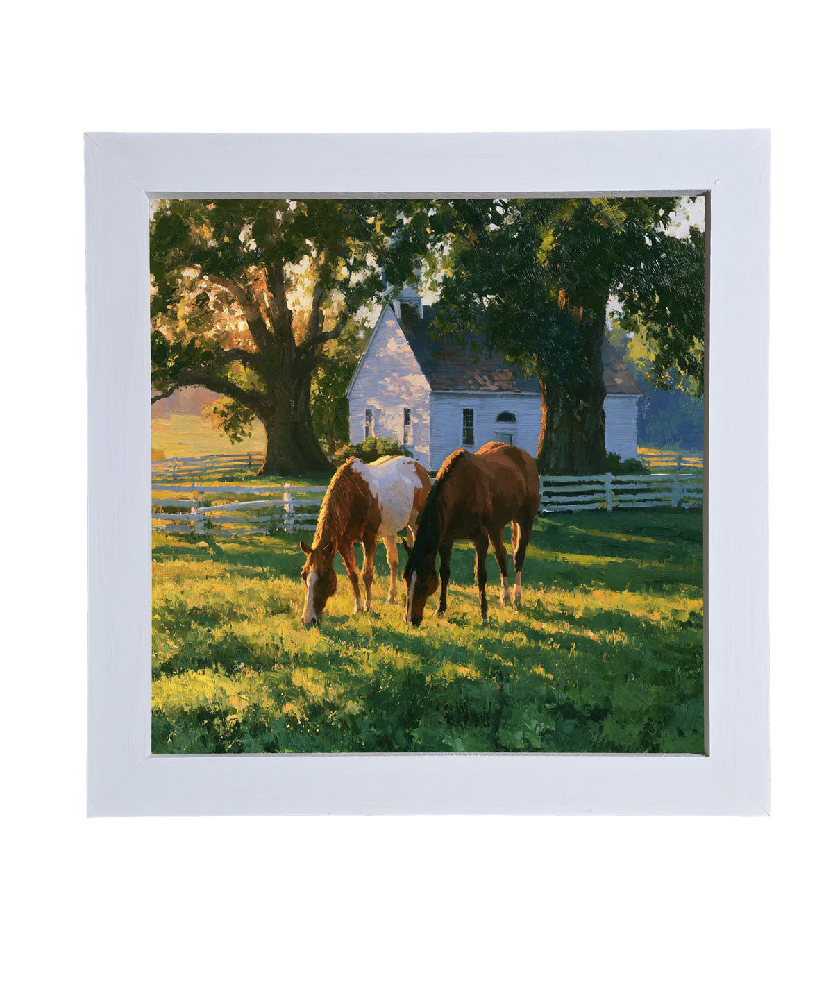 Two horses grazing in a sunlit green pasture near a white farmhouse and trees, painted in a rustic, realistic style. — product view 9