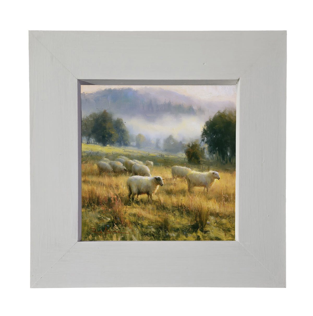 Sheep grazing in a misty, sunlit meadow with trees and rolling hills in a soft, painterly style — product view 3