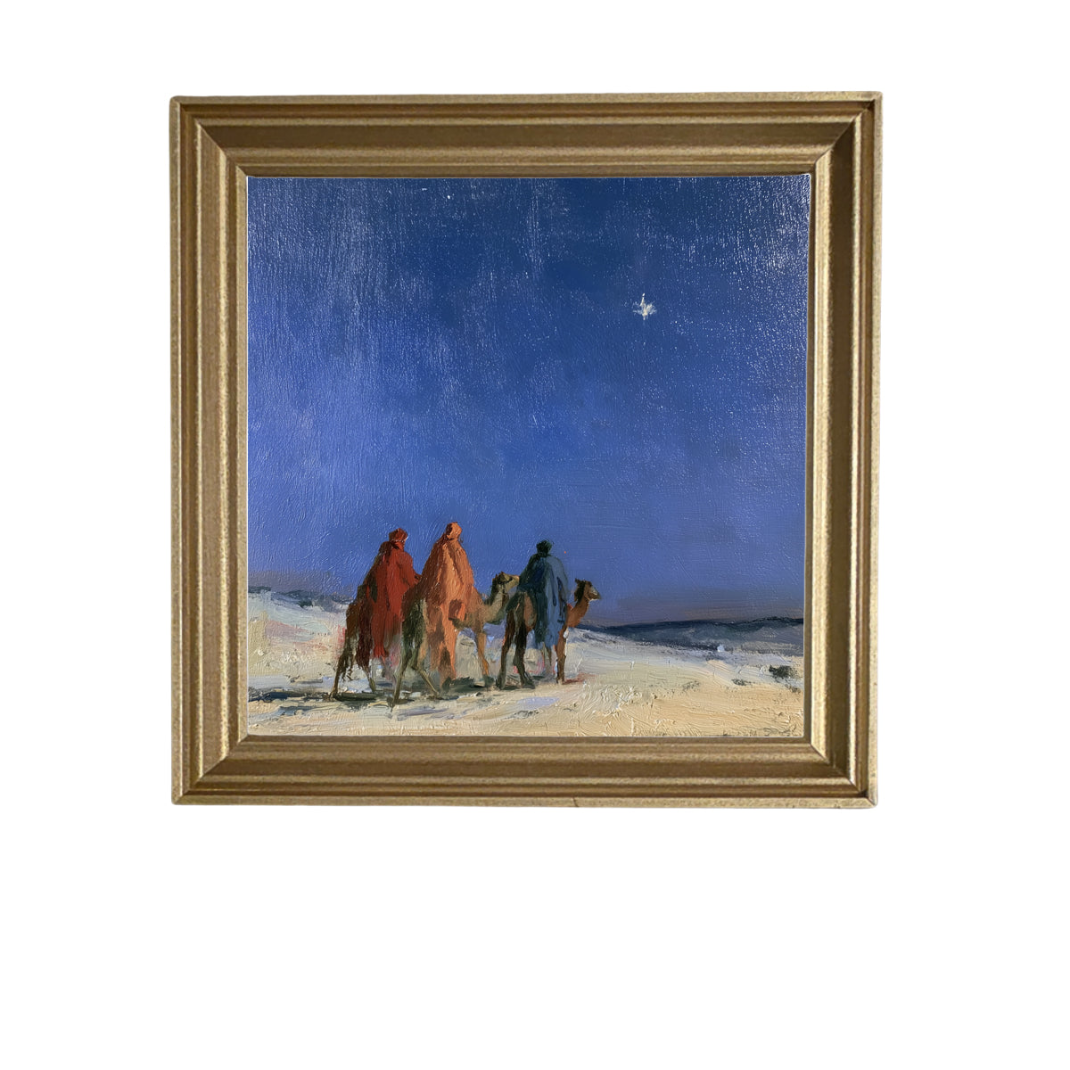 Three Wise Men traveling together across a quiet landscape in a rustic nativity scene, framed in black, white, and gold. — product view 6