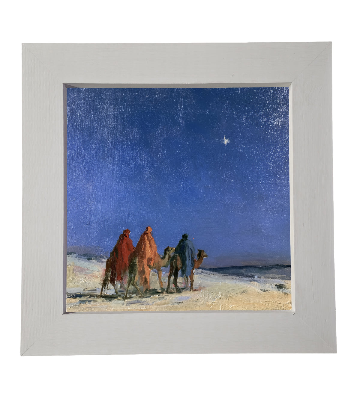 Three Wise Men traveling together across a quiet landscape in a rustic nativity scene, framed in black, white, and gold. — product view 7