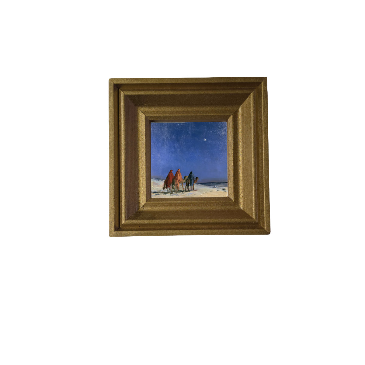 Three Wise Men traveling together across a quiet landscape in a rustic nativity scene, framed in black, white, and gold. — product view 2