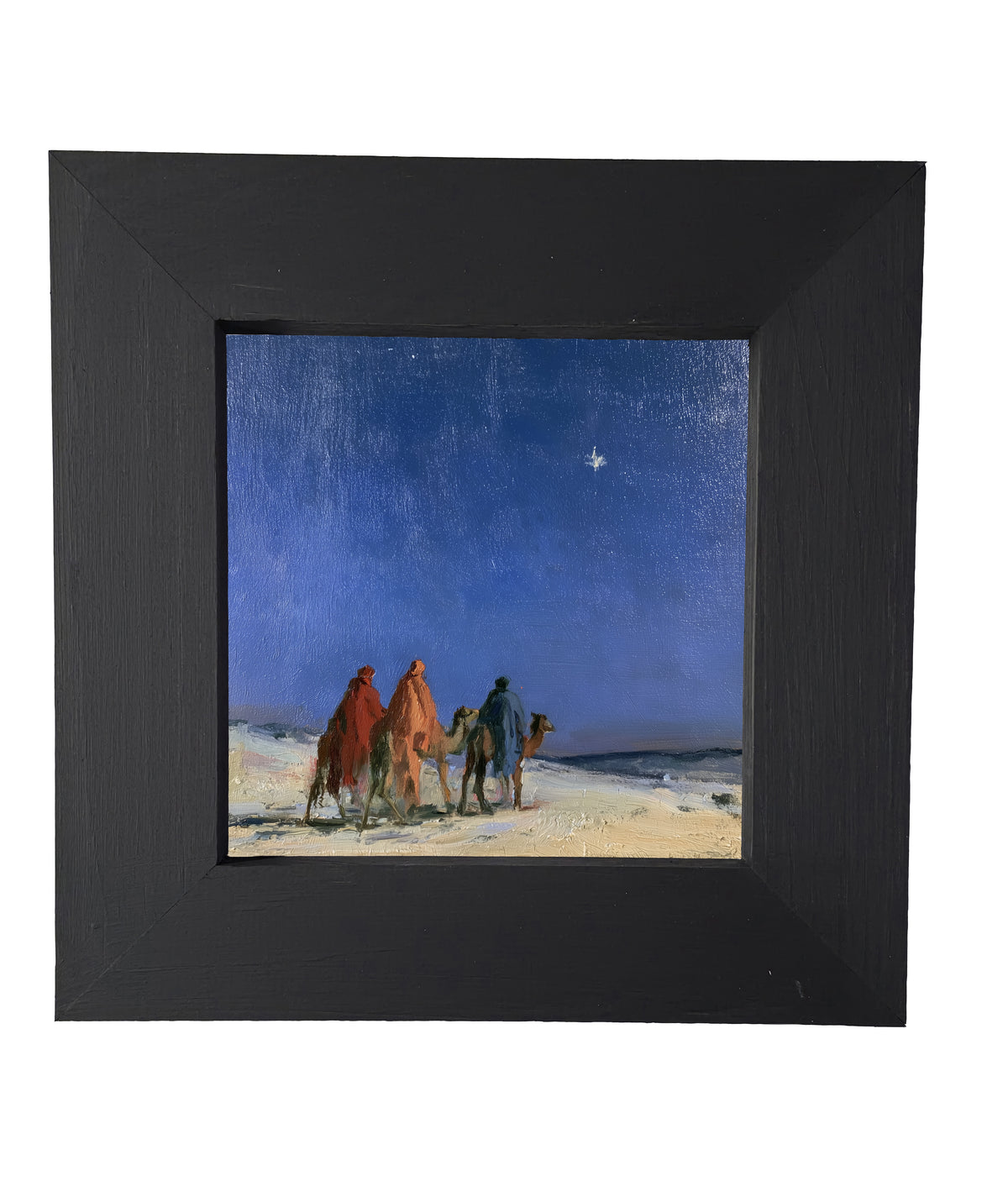 Three Wise Men traveling together across a quiet landscape in a rustic nativity scene, framed in black, white, and gold. — product view 5