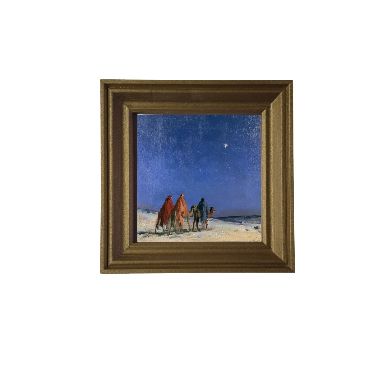 Three Wise Men traveling together across a quiet landscape in a rustic nativity scene, framed in black, white, and gold. — product view 3