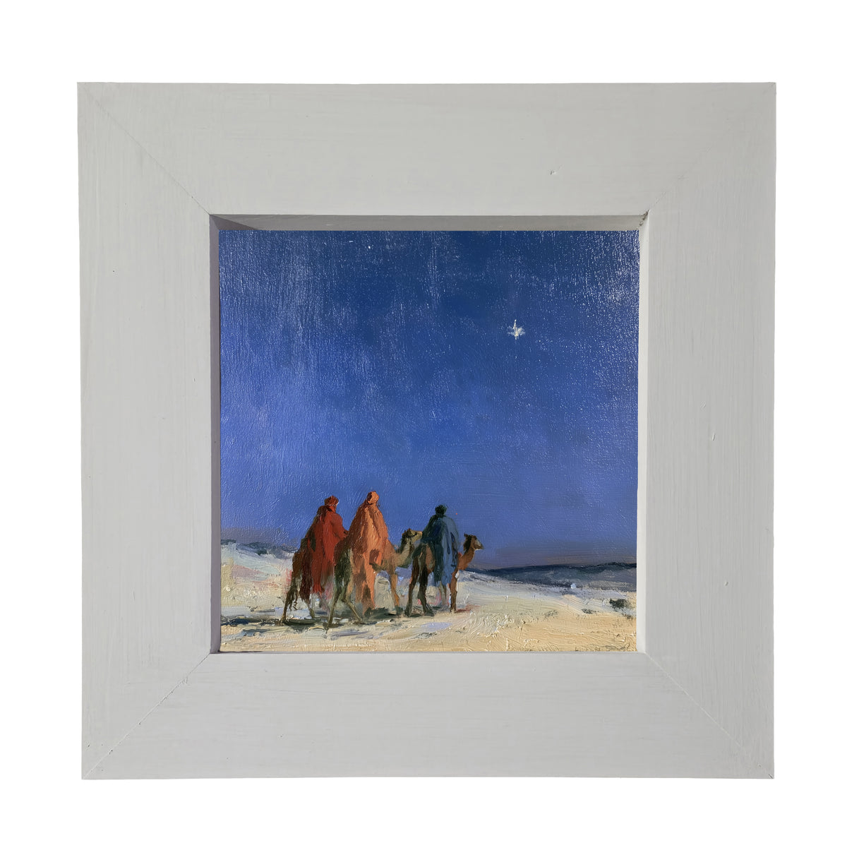 Three Wise Men traveling together across a quiet landscape in a rustic nativity scene, framed in black, white, and gold. — product view 4