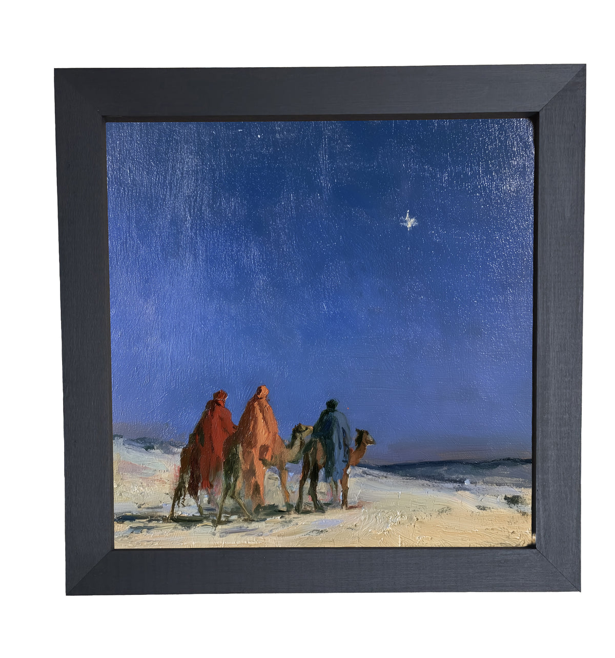 Three Wise Men traveling together across a quiet landscape in a rustic nativity scene, framed in black, white, and gold. — product view 10