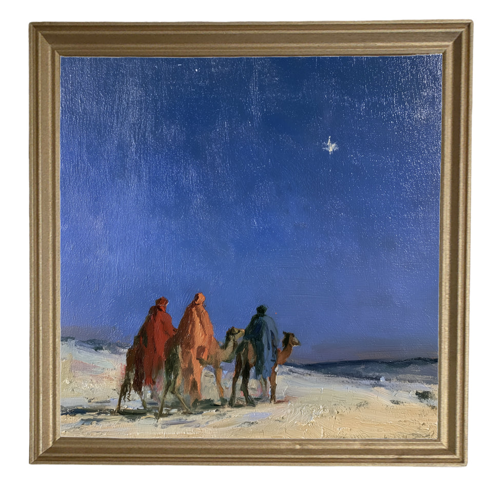Three Wise Men traveling together across a quiet landscape in a rustic nativity scene, framed in black, white, and gold. — product view 8