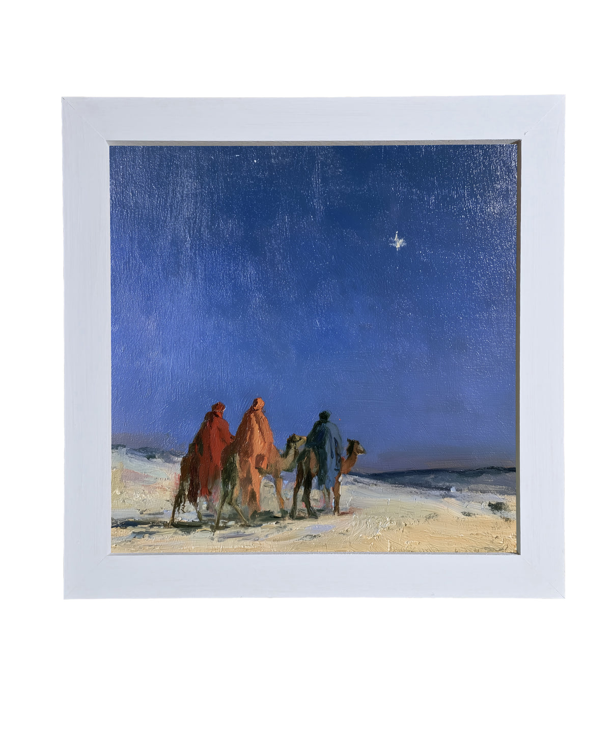 Three Wise Men traveling together across a quiet landscape in a rustic nativity scene, framed in black, white, and gold. — product view 9