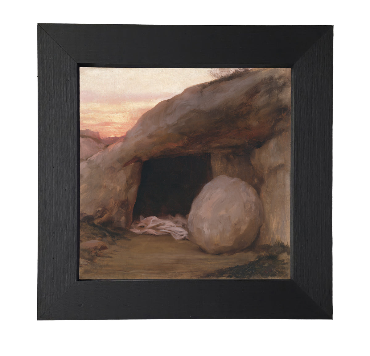 rustic framed artwork featuring the open entrance of a simple rock-cut tomb in neutral and gold tones — product view 7