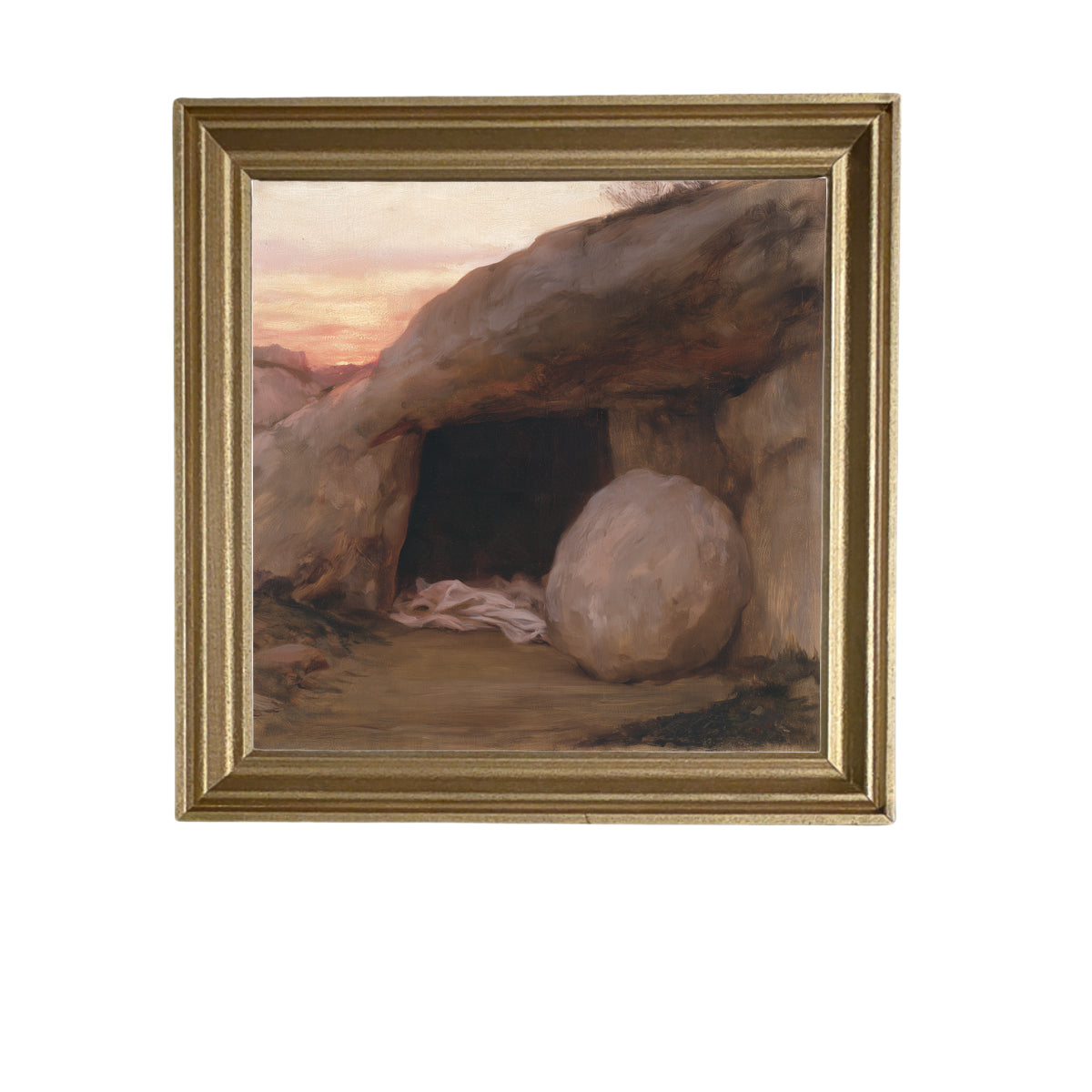 rustic framed artwork featuring the open entrance of a simple rock-cut tomb in neutral and gold tones