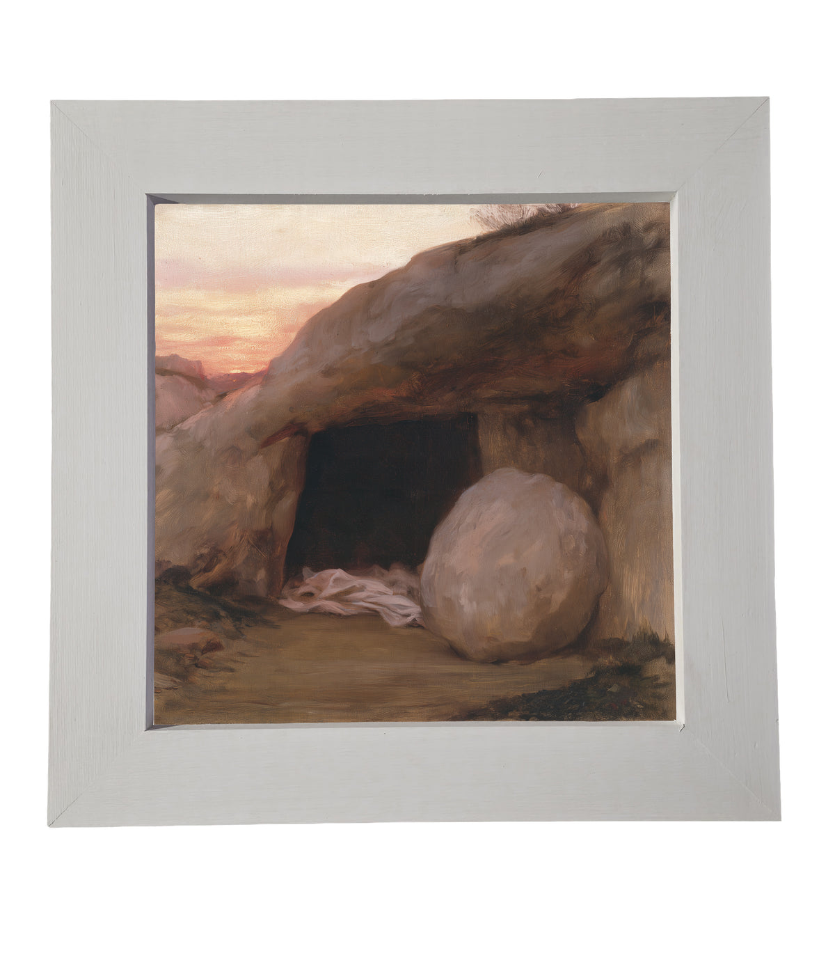 rustic framed artwork featuring the open entrance of a simple rock-cut tomb in neutral and gold tones — product view 6