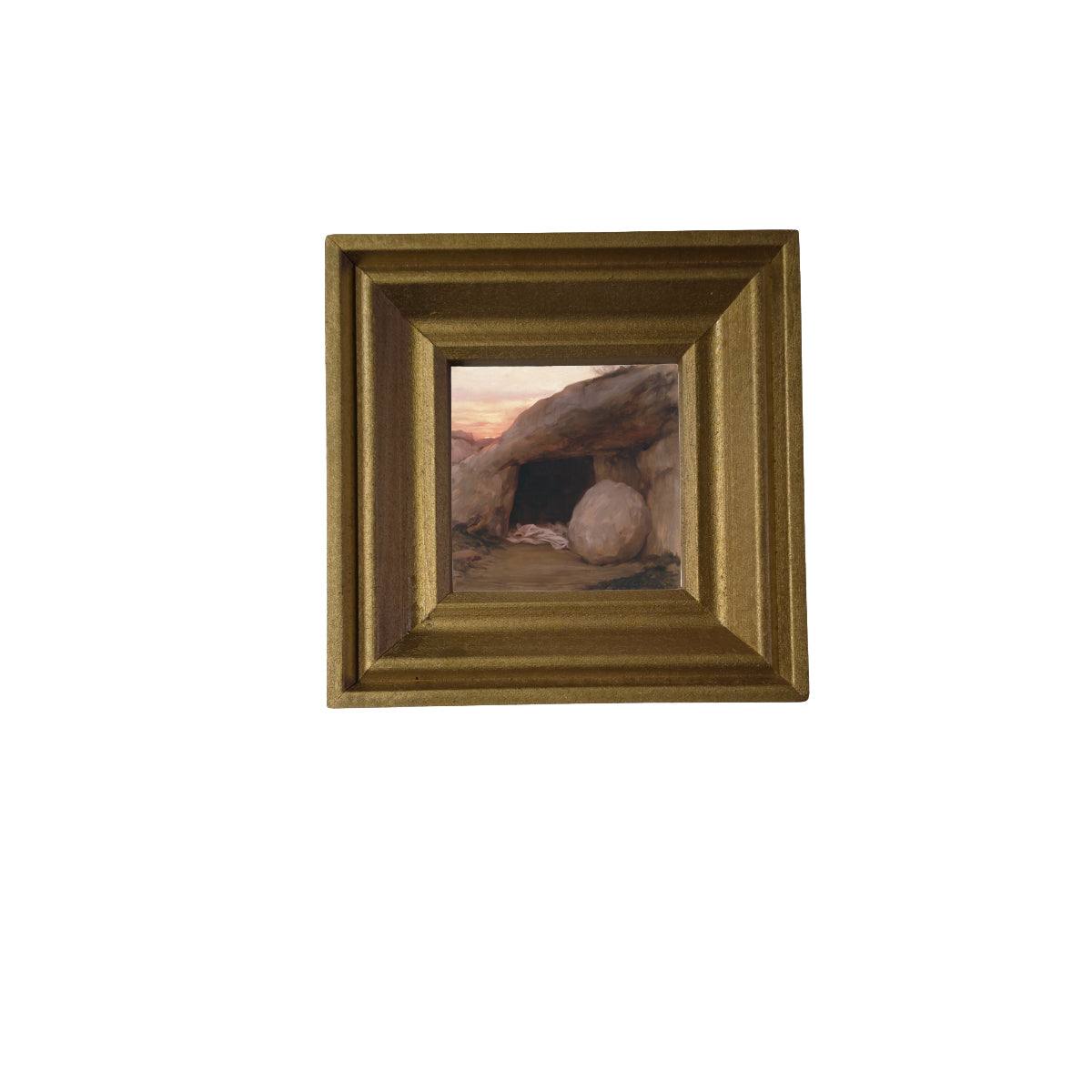 rustic framed artwork featuring the open entrance of a simple rock-cut tomb in neutral and gold tones — product view 2
