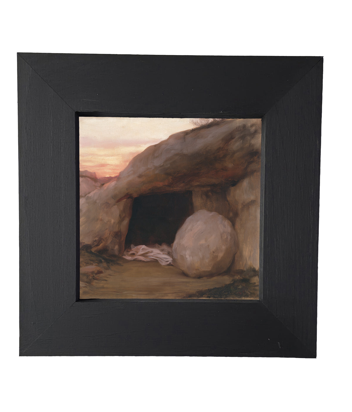 rustic framed artwork featuring the open entrance of a simple rock-cut tomb in neutral and gold tones — product view 5