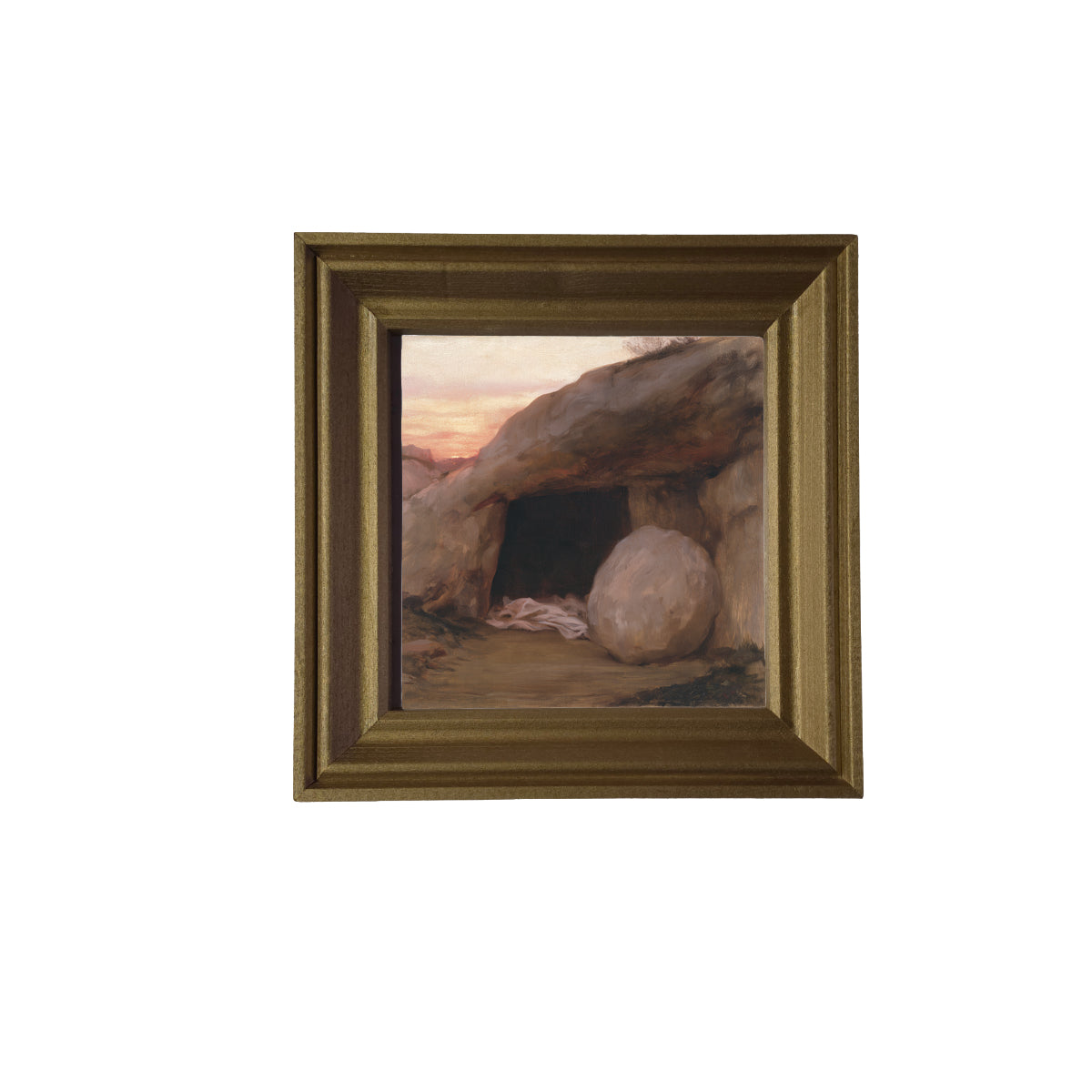 rustic framed artwork featuring the open entrance of a simple rock-cut tomb in neutral and gold tones — product view 3