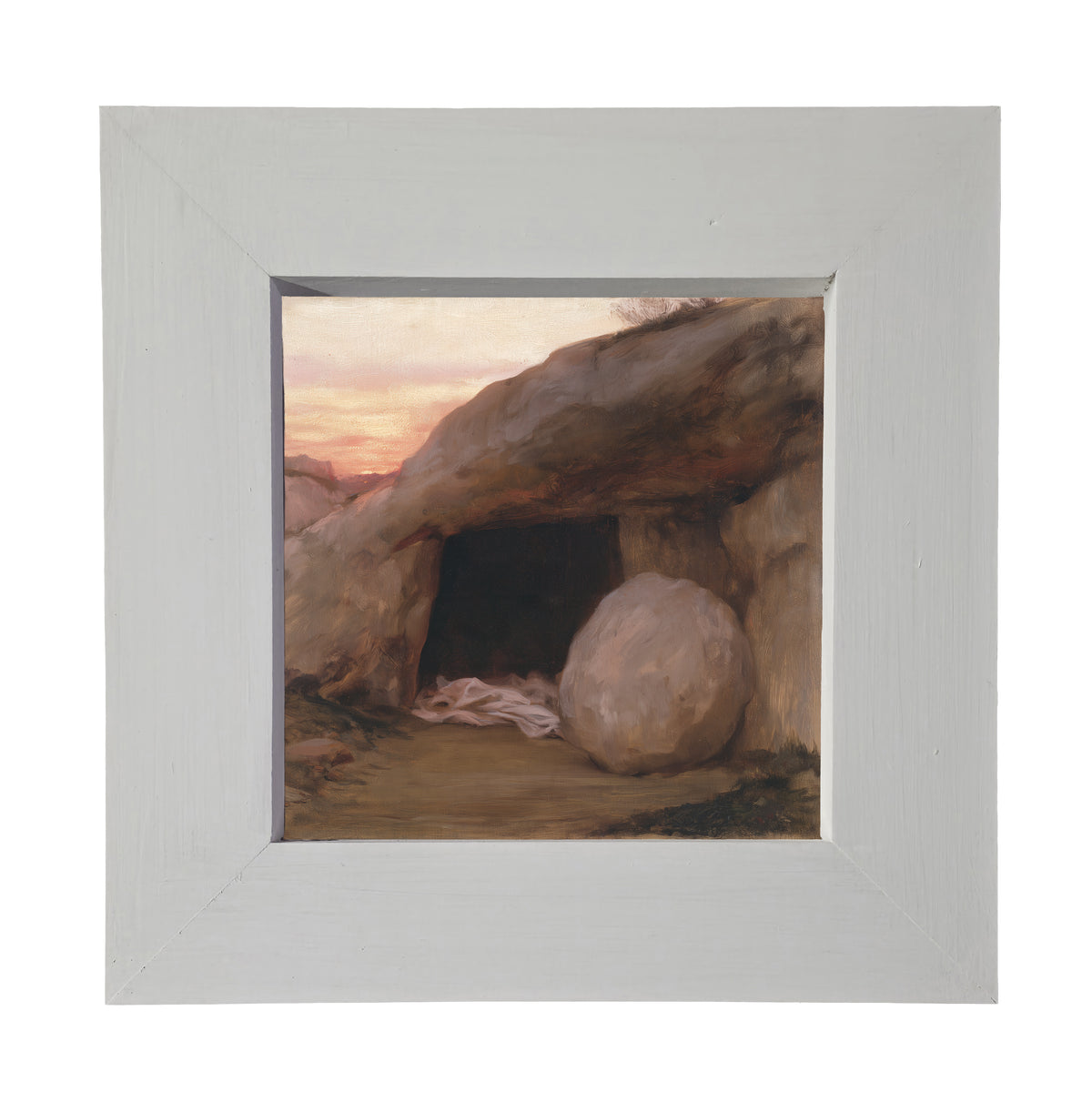 rustic framed artwork featuring the open entrance of a simple rock-cut tomb in neutral and gold tones — product view 4