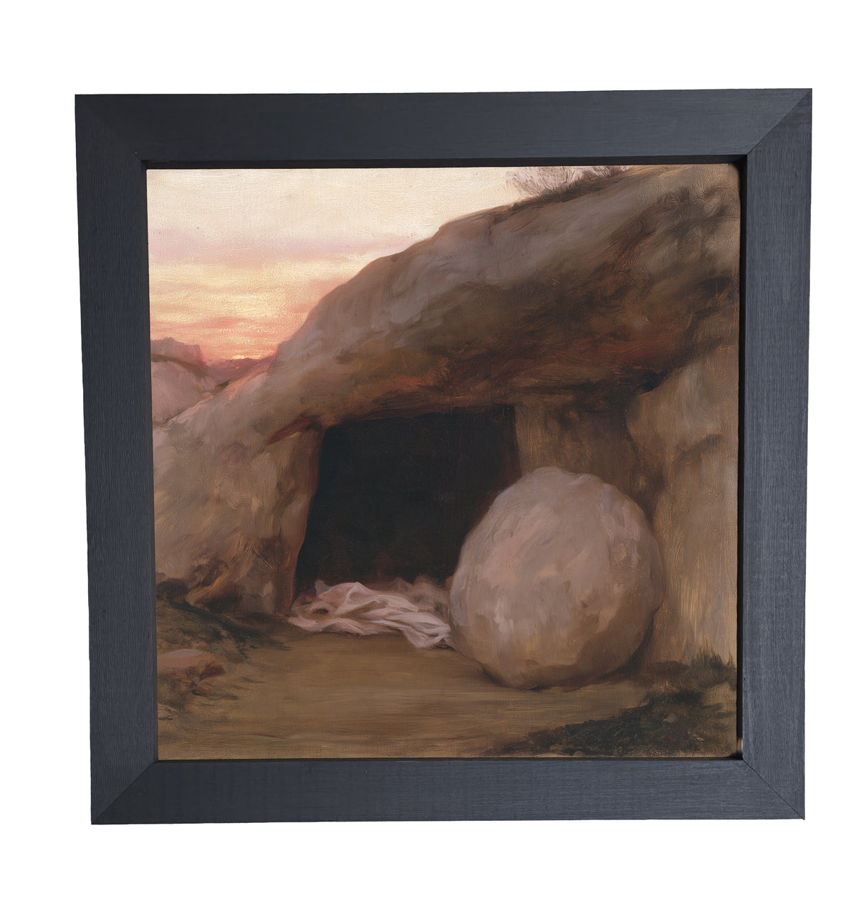 rustic framed artwork featuring the open entrance of a simple rock-cut tomb in neutral and gold tones — product view 10