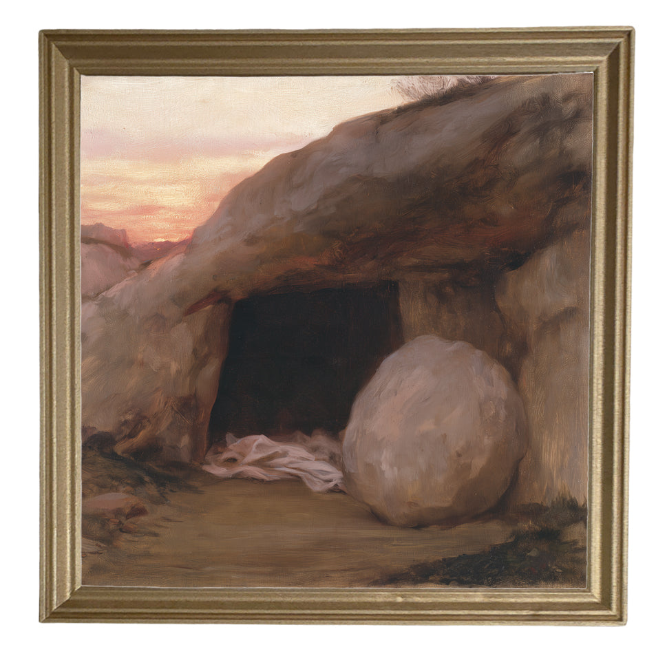 rustic framed artwork featuring the open entrance of a simple rock-cut tomb in neutral and gold tones — product view 8