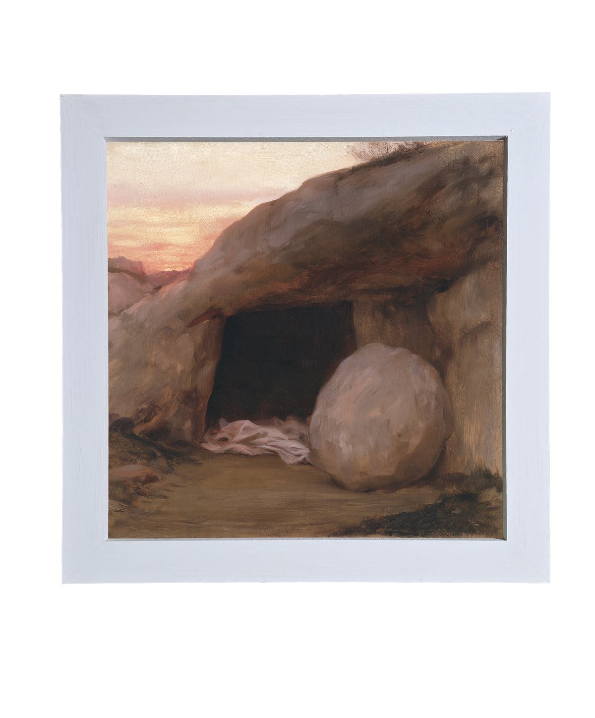 rustic framed artwork featuring the open entrance of a simple rock-cut tomb in neutral and gold tones — product view 9