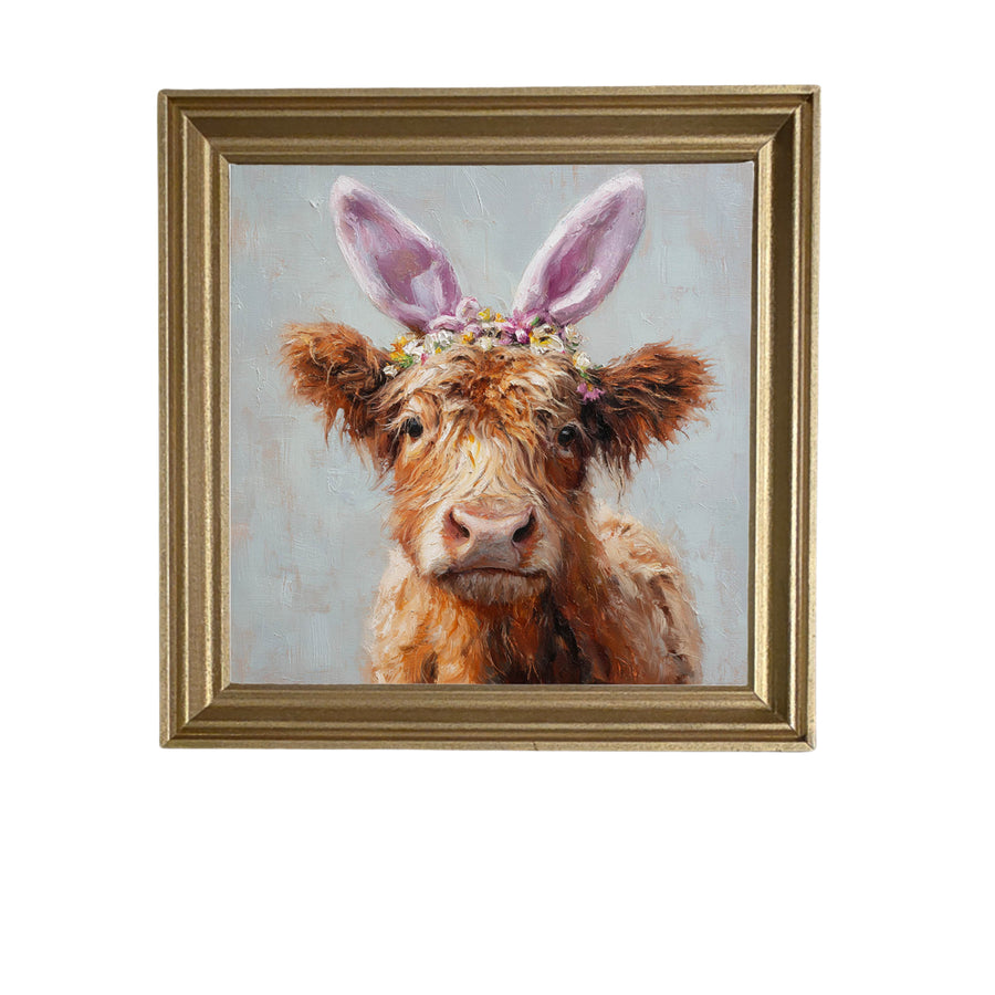Painterly highland cow wearing pink bunny ears and a flower crown in spring colors — product view 5