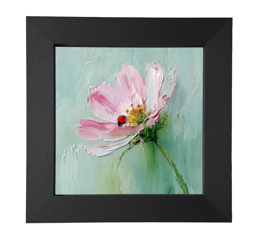 Painterly impressionist artwork of a ladybug on a pink flower with textured brushstrokes and a soft green background — product view 7
