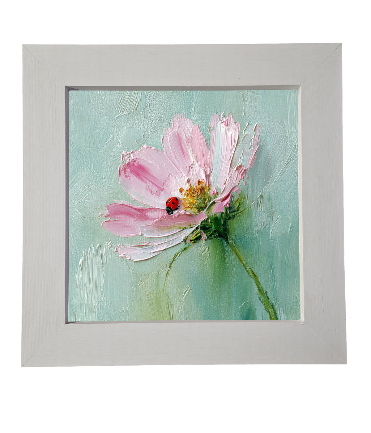 Painterly impressionist artwork of a ladybug on a pink flower with textured brushstrokes and a soft green background — product view 6
