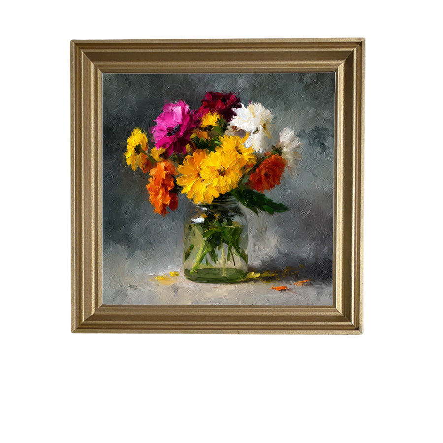 Painterly bouquet of colorful zinnias arranged in a glass mason jar with rustic charm — product view 5