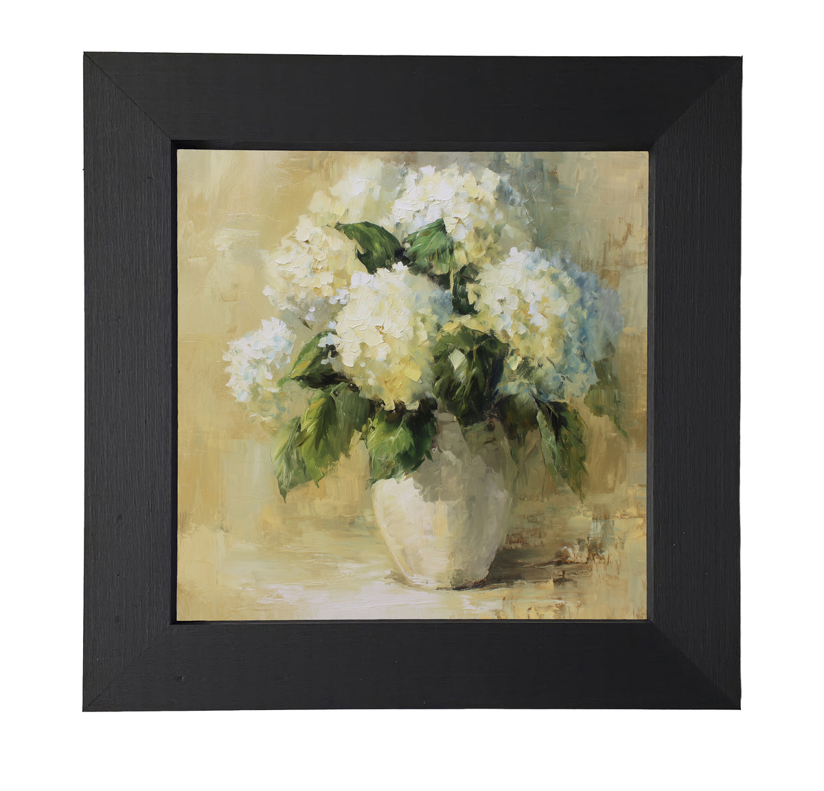 Painterly vintage-style artwork of white hydrangea flowers in a ceramic vase, framed for elegant home decor. — product view 7