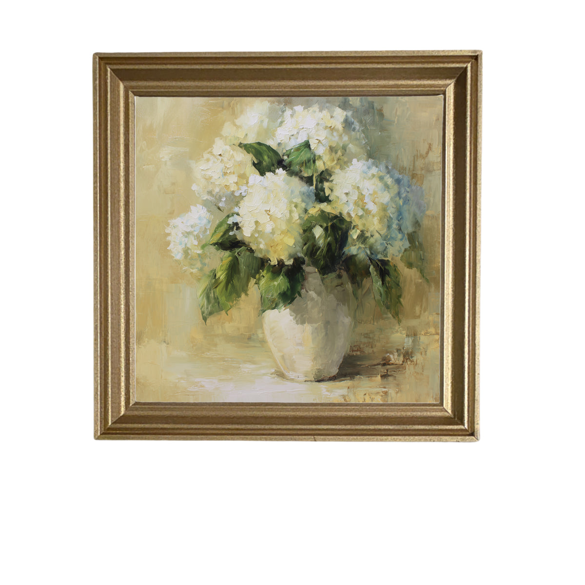 Painterly vintage-style artwork of white hydrangea flowers in a ceramic vase, framed for elegant home decor. — product view 5