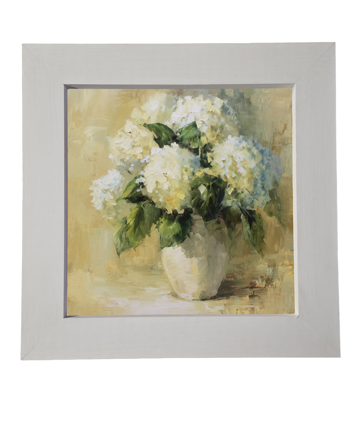 Painterly vintage-style artwork of white hydrangea flowers in a ceramic vase, framed for elegant home decor. — product view 6