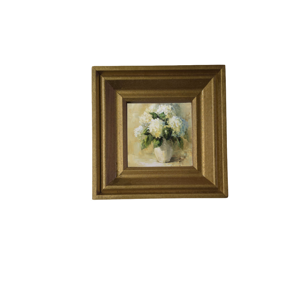 Painterly vintage-style artwork of white hydrangea flowers in a ceramic vase, framed for elegant home decor.