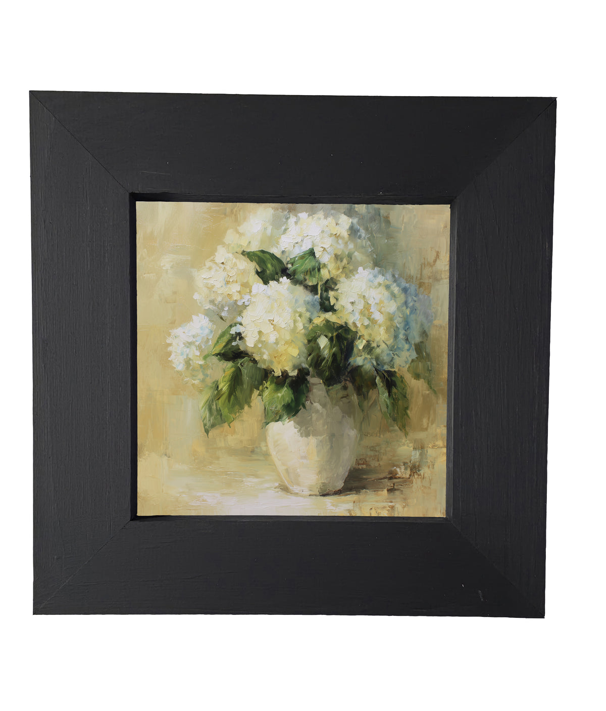 Painterly vintage-style artwork of white hydrangea flowers in a ceramic vase, framed for elegant home decor. — product view 4