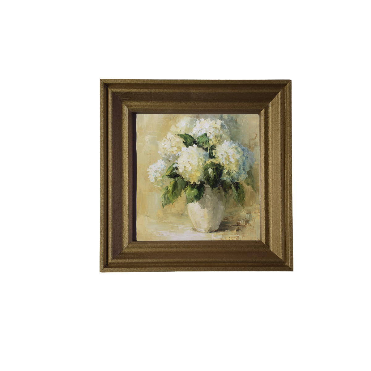 Painterly vintage-style artwork of white hydrangea flowers in a ceramic vase, framed for elegant home decor. — product view 2