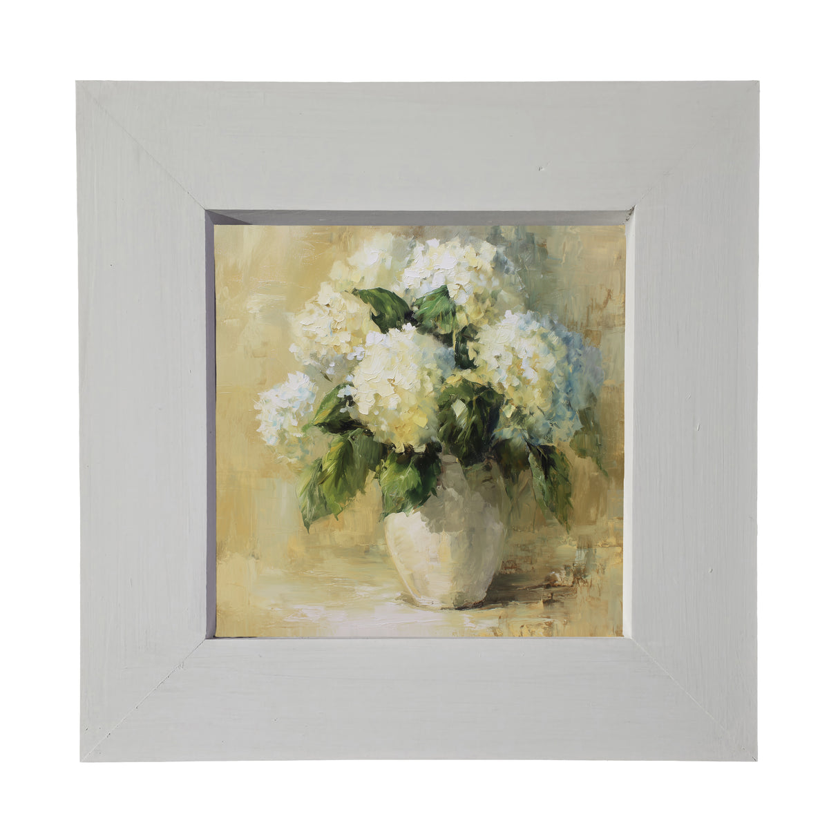 Painterly vintage-style artwork of white hydrangea flowers in a ceramic vase, framed for elegant home decor. — product view 3