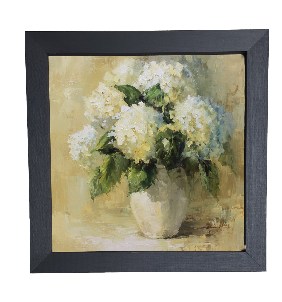 Painterly vintage-style artwork of white hydrangea flowers in a ceramic vase, framed for elegant home decor. — product view 10