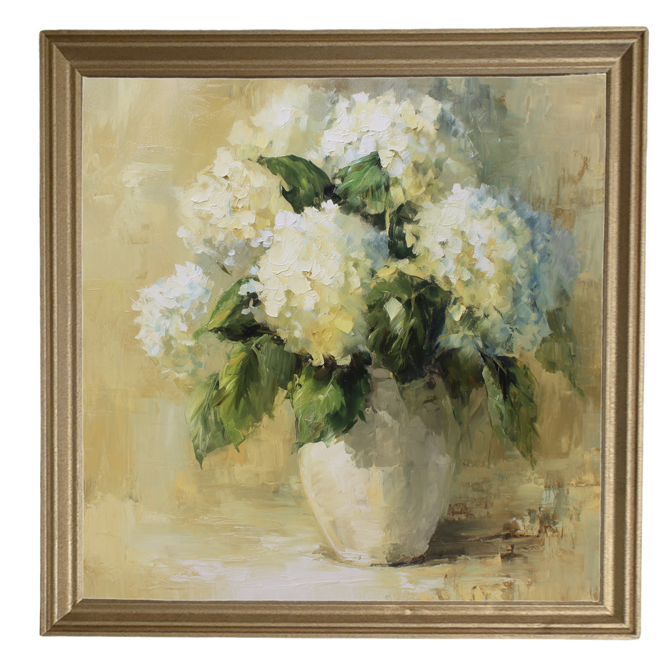 Painterly vintage-style artwork of white hydrangea flowers in a ceramic vase, framed for elegant home decor. — product view 8