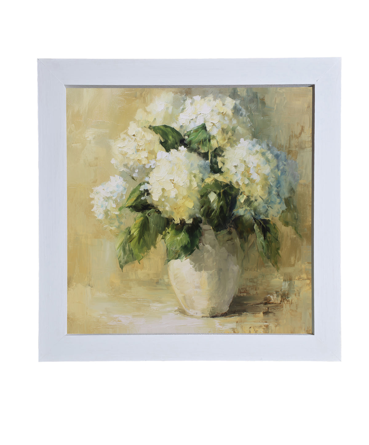 Painterly vintage-style artwork of white hydrangea flowers in a ceramic vase, framed for elegant home decor. — product view 9