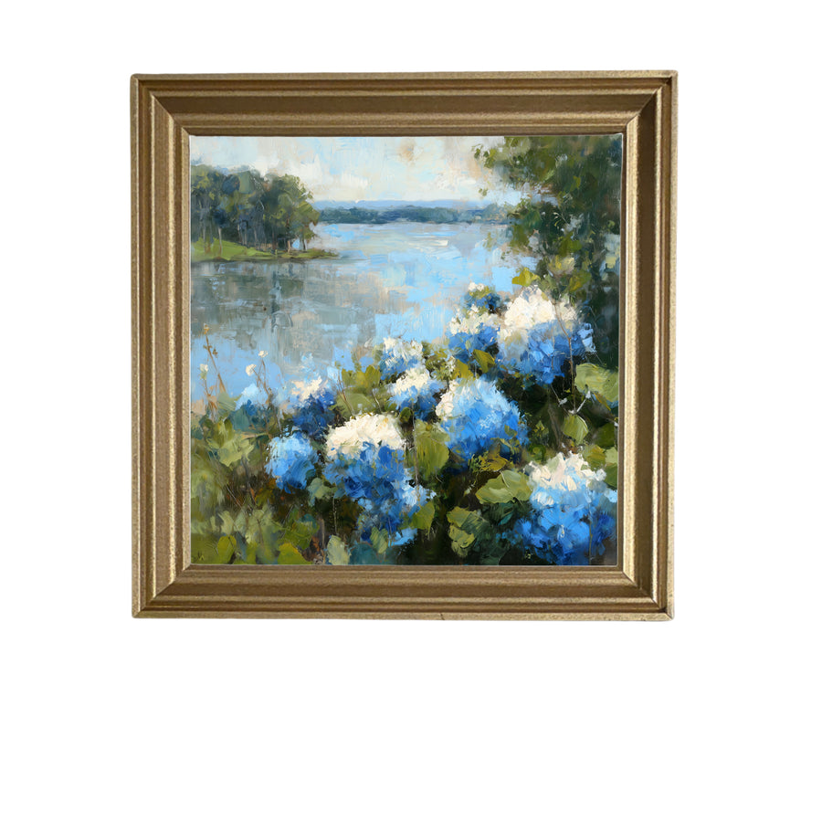 Painterly impressionist scene of blue and white hydrangeas by a tranquil lake with trees. — product view 5