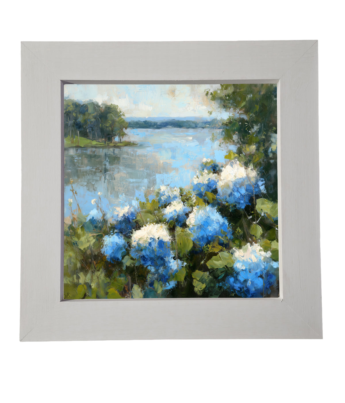 Painterly impressionist scene of blue and white hydrangeas by a tranquil lake with trees. — product view 6